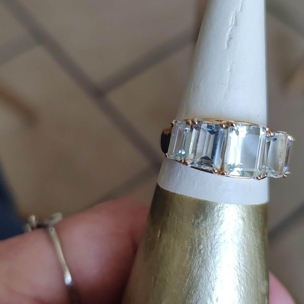 Elegant 14k Gold Ring with Aquamarine Emerald-Cut Stones - Women Jewelry - Picture 2 of 5